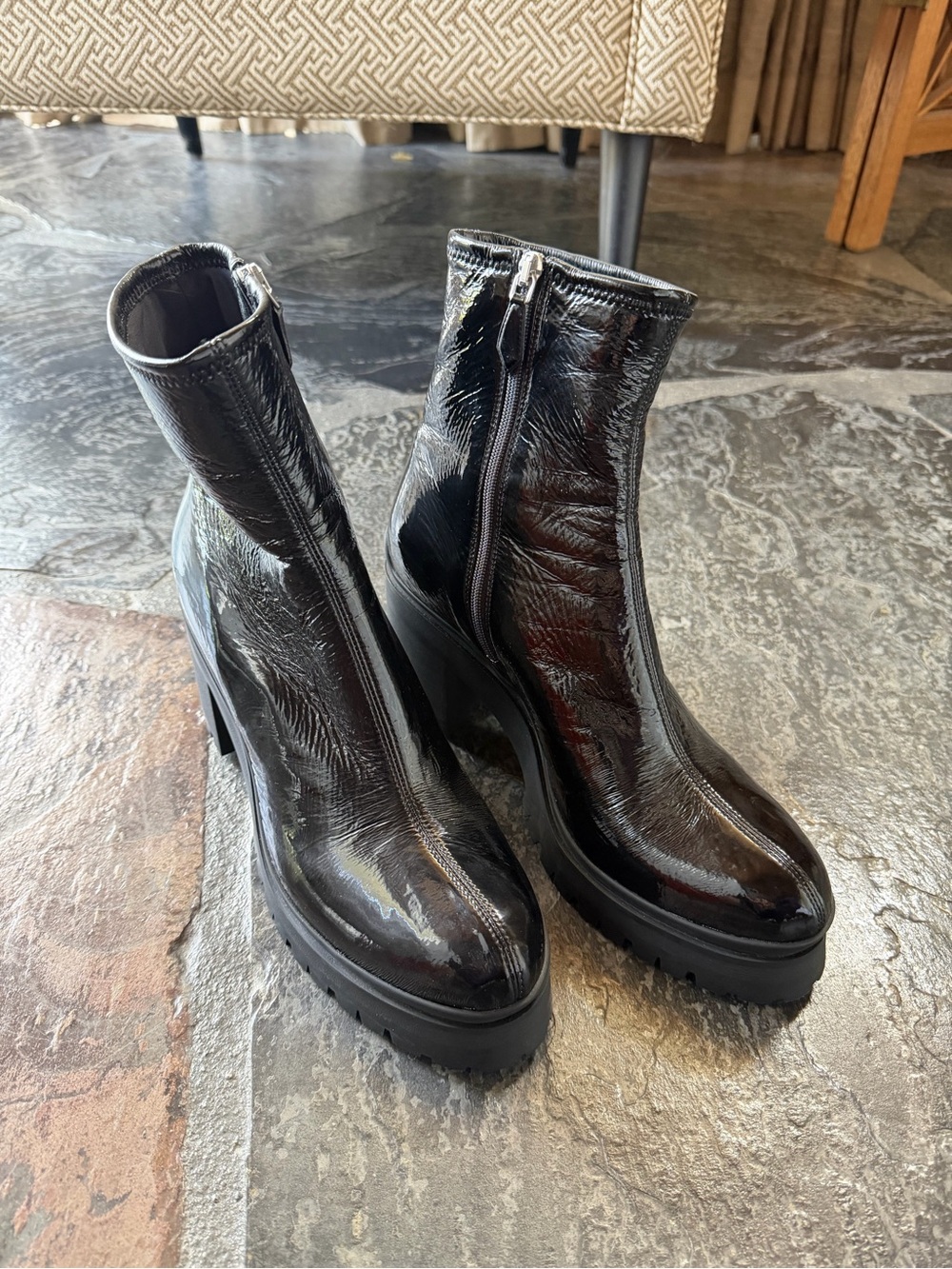 Miu Miu Women's Black Patent Platform Ankle Boots - Sleek Zip Closure